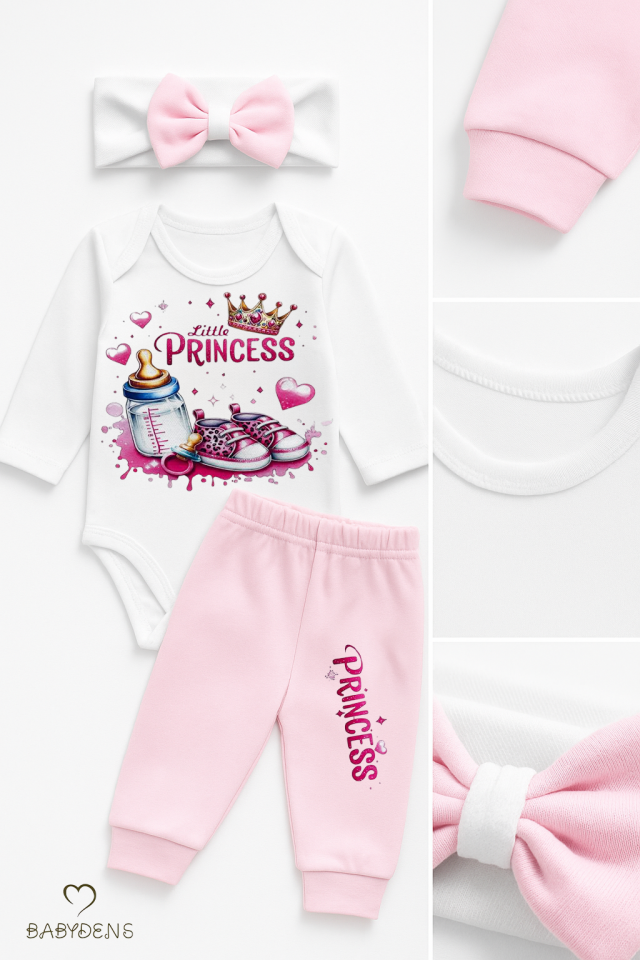 Little Princess 3’lü Kız Bebek Takımı Uzun Kollu Pamuklu Body,Pembe Pantolon ve Fiyonk Bandana Seti