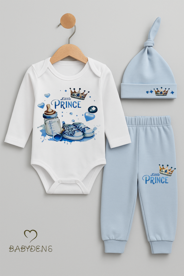 Little Prince 3’lü Erkek Bebek Takımı – Uzun Kollu %100 Pamuk Body, Pantolon ve Şapka Seti Mavi