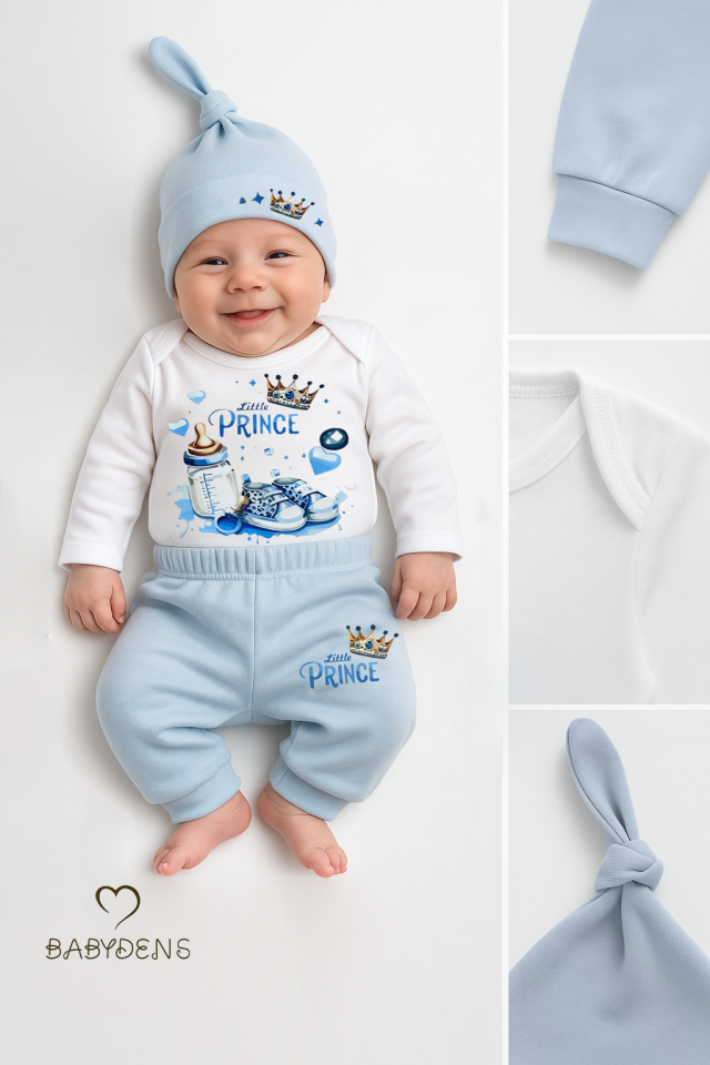 Little Prince 3’lü Erkek Bebek Takımı – Uzun Kollu %100 Pamuk Body, Pantolon ve Şapka Seti Mavi