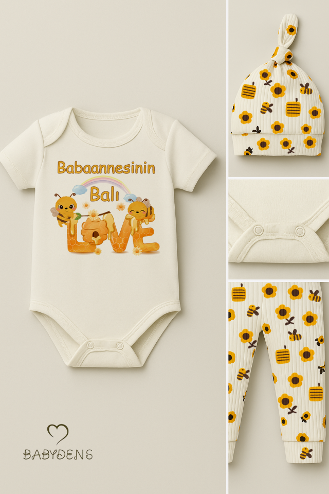 3’lü Yenidoğan Takım“Babaannesinin Balı”Baskı Kısa Kol Body Arı Çiçek Desenli Ribana Pantolon Bere