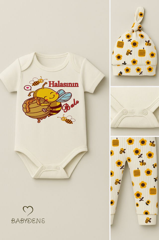 3’lü Yenidoğan Takım “Halasının Balı” Baskılı Kısa Kol Body Arı Çiçek Desenli Ribana Pantolon Bere