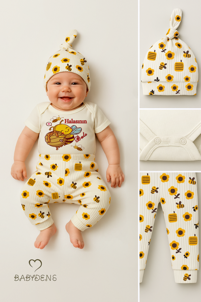 3’lü Yenidoğan Takım “Halasının Balı” Baskılı Kısa Kol Body Arı Çiçek Desenli Ribana Pantolon Bere