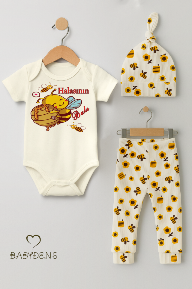 3’lü Yenidoğan Takım “Halasının Balı” Baskılı Kısa Kol Body Arı Çiçek Desenli Ribana Pantolon Bere