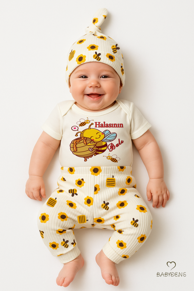 3’lü Yenidoğan Takım “Halasının Balı” Baskılı Kısa Kol Body Arı Çiçek Desenli Ribana Pantolon Bere