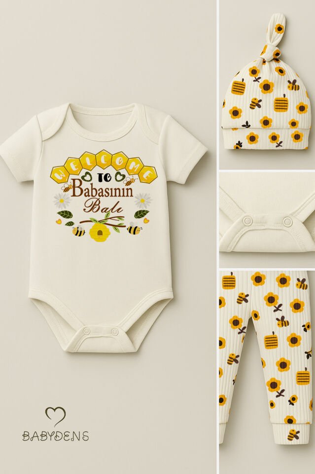 3’lü Yenidoğan Takım “Babasının Balı” Baskılı Kısa Kol Body Arı,Çiçek Desenli Ribana Pantolon Bere