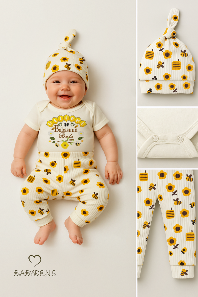 3’lü Yenidoğan Takım “Babasının Balı” Baskılı Kısa Kol Body Arı,Çiçek Desenli Ribana Pantolon Bere