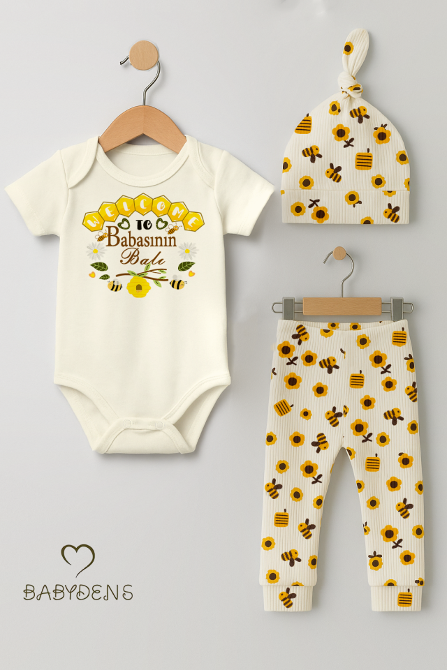 3’lü Yenidoğan Takım “Babasının Balı” Baskılı Kısa Kol Body Arı,Çiçek Desenli Ribana Pantolon Bere