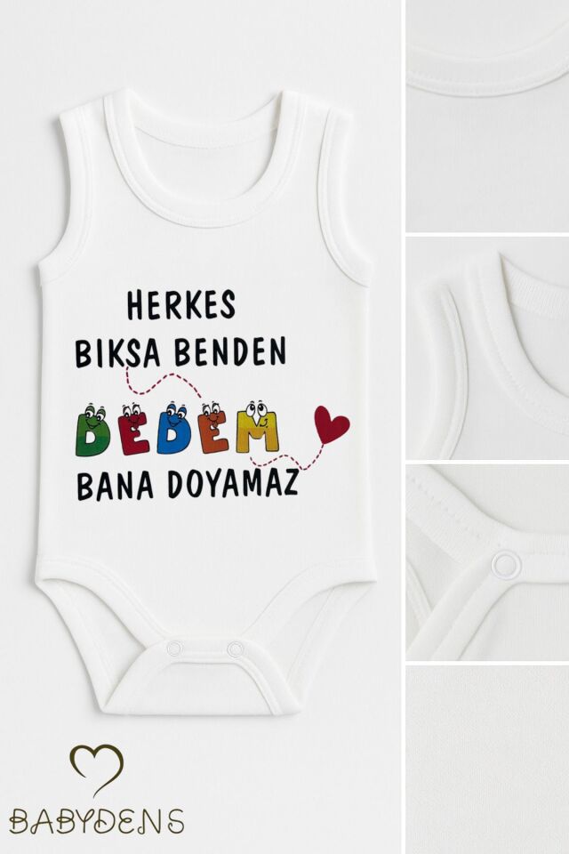 Herkes bıksa benden, Dedem bana doyamaz Yazılı Kolsuz Bebek Body %100Pamuk Zıbın Yazlık Body 03-24Ay 9 - 12 Ay