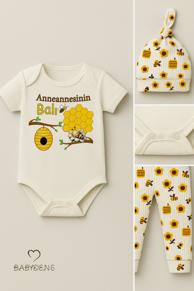 3’lü Yenidoğan Takım“Anneannesinin Balı” Baskı Kısa Kol Body Arı Çiçek Desenli Ribana Pantolon Bere