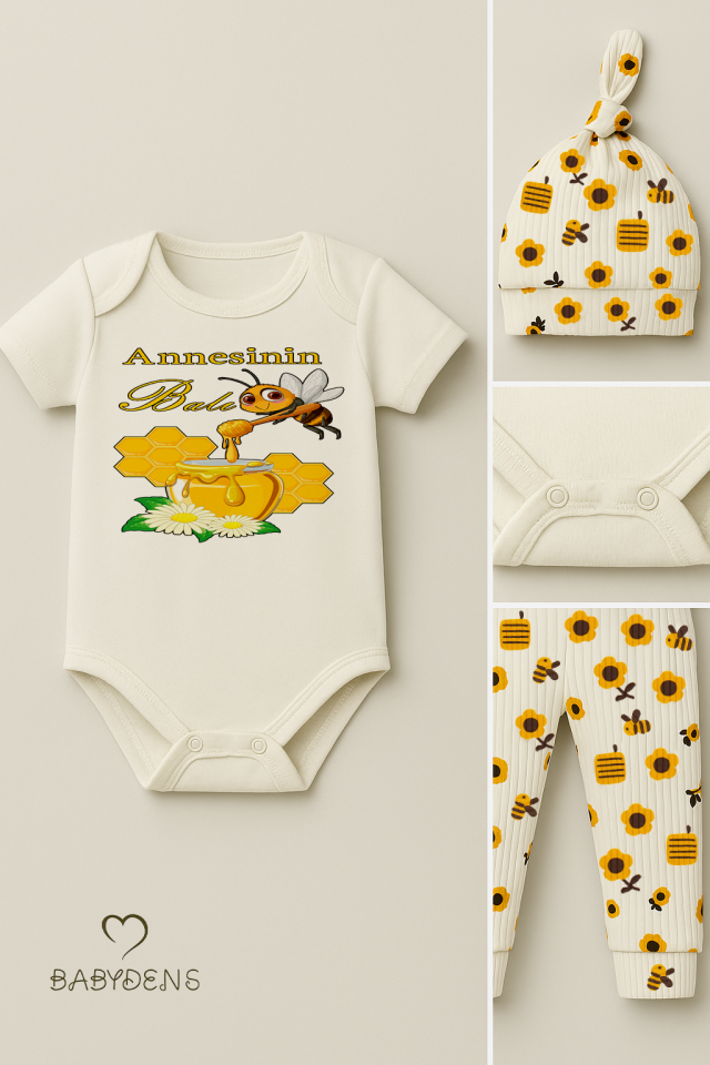 3’lü Yenidoğan Takım,“Annesinin Balı” Baskılı Kısa Kol Body Arı Çiçek Desenli Ribana Pantolon Bere