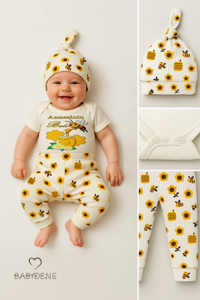 3’lü Yenidoğan Takım,“Annesinin Balı” Baskılı Kısa Kol Body Arı Çiçek Desenli Ribana Pantolon Bere