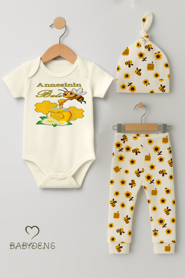 3’lü Yenidoğan Takım,“Annesinin Balı” Baskılı Kısa Kol Body Arı Çiçek Desenli Ribana Pantolon Bere
