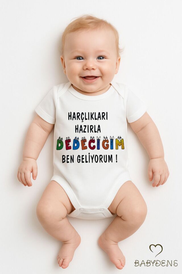 Harçlıkları Hazırla Dedeciğim Ben Geliyorum Yazılı Çıtçıtlı Bebek Body Tulum Zıbın | %100 Pamuk 3-6 Ay