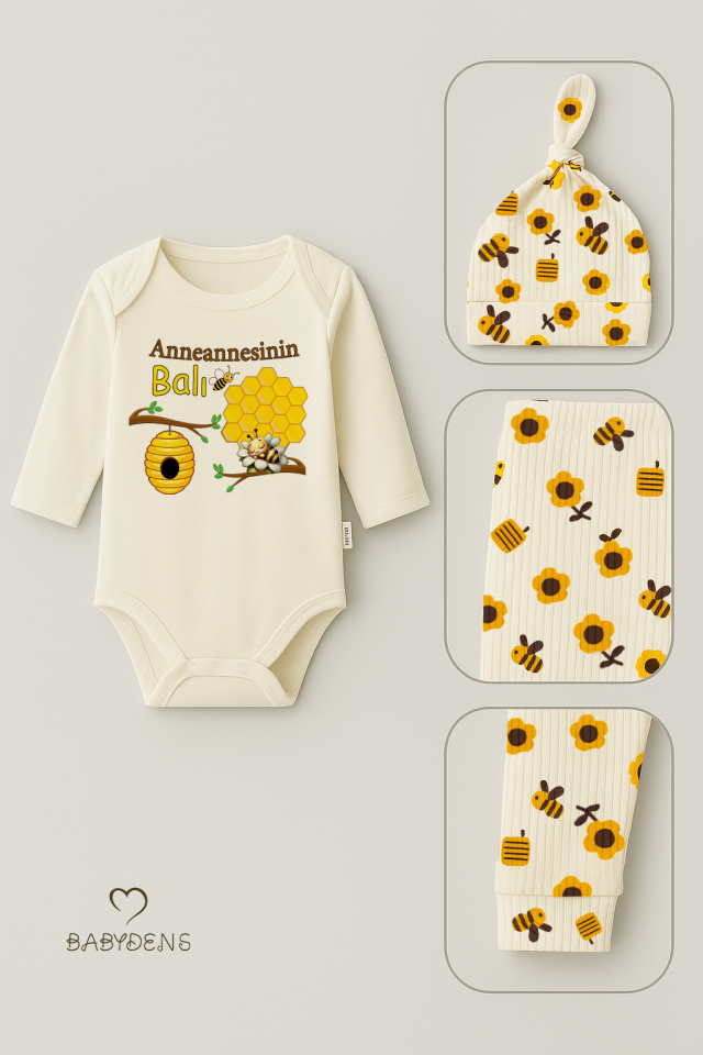 Anneannesinin Balı 3’lü Yenidoğan Takım Pamuklu UzunKol Body,Çiçek Arı Desenli Ribana Pantolon,Bere