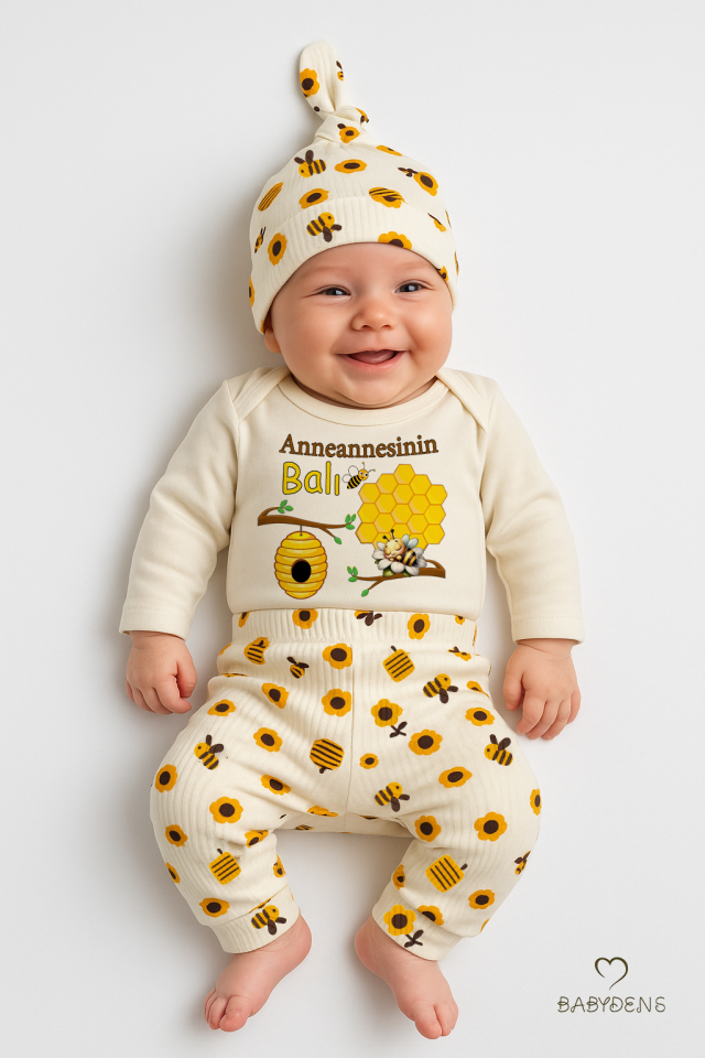 Anneannesinin Balı 3’lü Yenidoğan Takım Pamuklu UzunKol Body,Çiçek Arı Desenli Ribana Pantolon,Bere