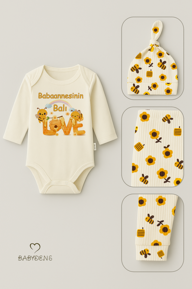 Babaannesinin Balı 3’lü Yenidoğan Takım Pamuklu UzunKol Body,Çiçek Arı Desenli Ribana Pantolon,Bere