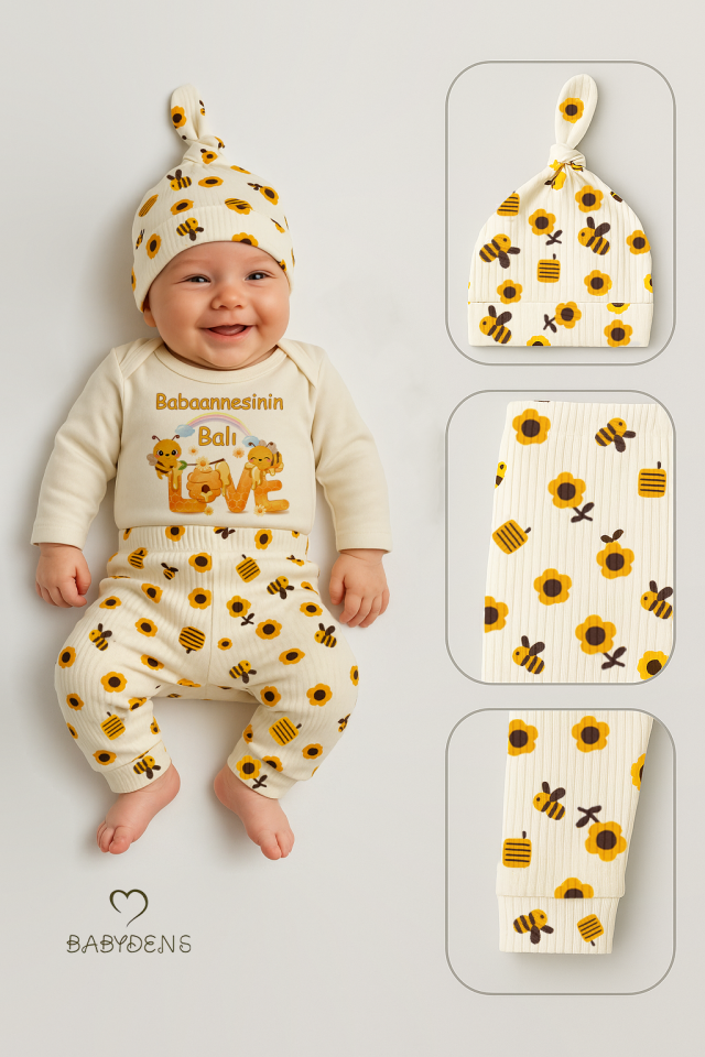 Babaannesinin Balı 3’lü Yenidoğan Takım Pamuklu UzunKol Body,Çiçek Arı Desenli Ribana Pantolon,Bere