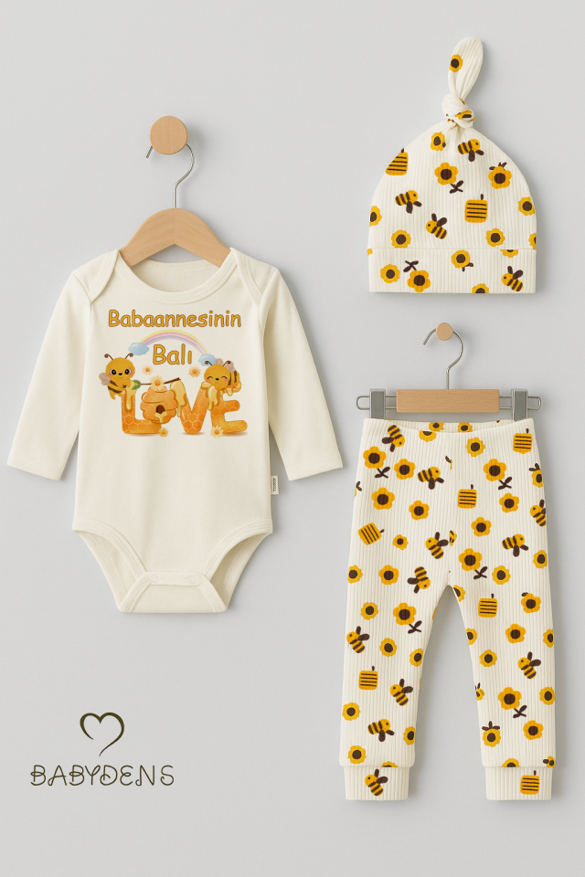 Babaannesinin Balı 3’lü Yenidoğan Takım Pamuklu UzunKol Body,Çiçek Arı Desenli Ribana Pantolon,Bere