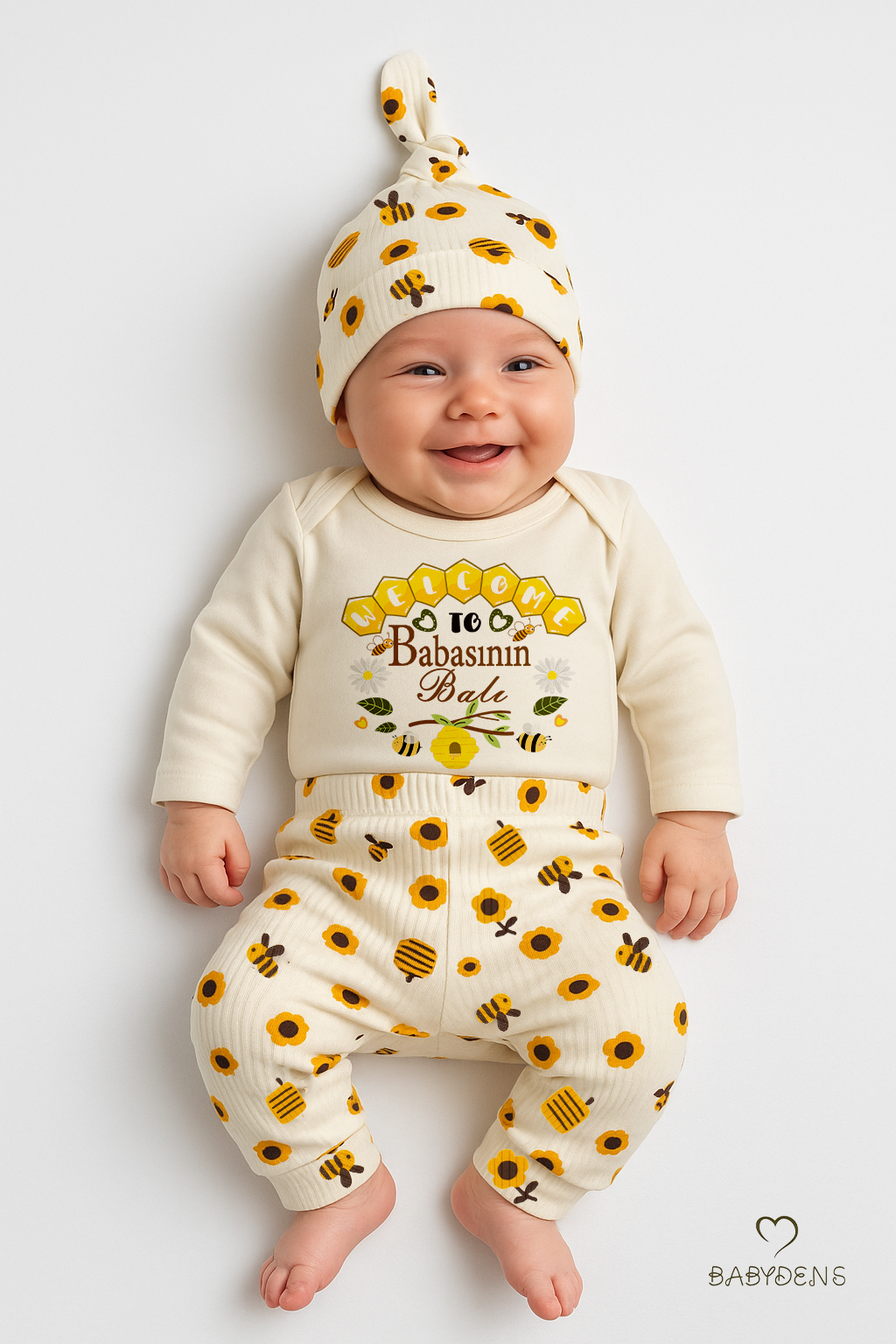 Babasının Balı 3’lü Yenidoğan Takım %100 Pamuk Uzun Kol Body,Çiçek Arı Desenli Ribana Pantolon,Bere