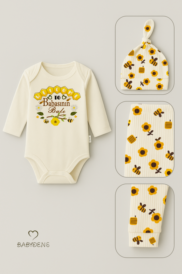 Babasının Balı 3’lü Yenidoğan Takım %100 Pamuk Uzun Kol Body,Çiçek Arı Desenli Ribana Pantolon,Bere