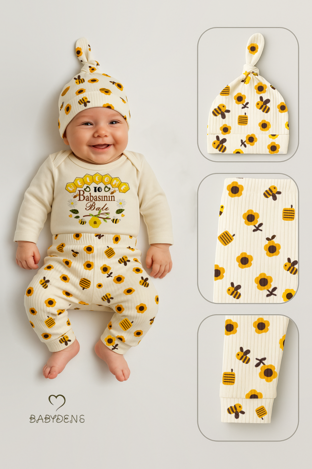 Babasının Balı 3’lü Yenidoğan Takım %100 Pamuk Uzun Kol Body,Çiçek Arı Desenli Ribana Pantolon,Bere