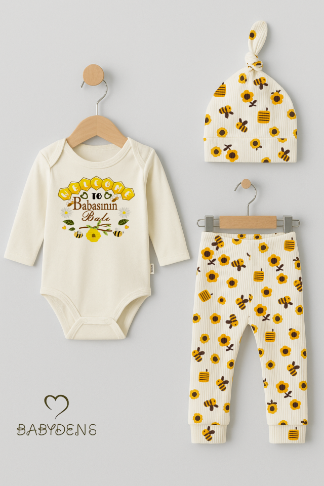 Babasının Balı 3’lü Yenidoğan Takım %100 Pamuk Uzun Kol Body,Çiçek Arı Desenli Ribana Pantolon,Bere