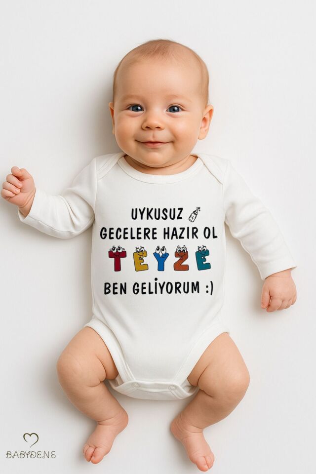 Uykusuz Gecelere Hazır Ol Teyze, Ben Geliyorum Yazılı Uzun Kollu Bebek Zıbını Pamuklu Body Çıtçıtlı 3-6 Ay