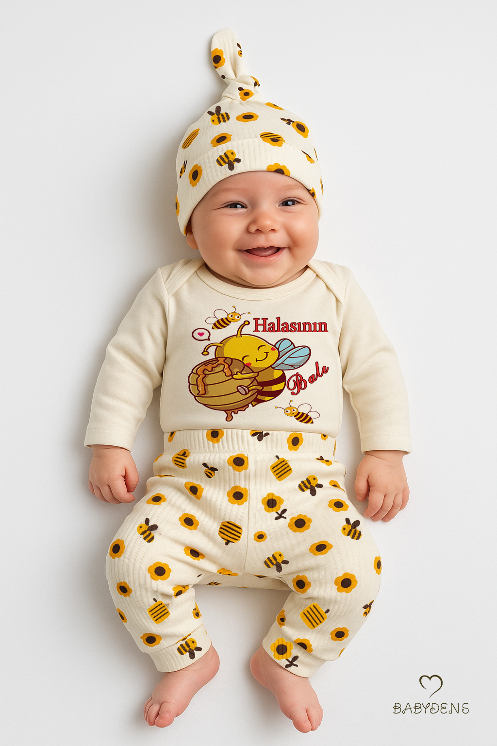 Halasının Balı 3’lü Yenidoğan Takım %100 Pamuk Uzun Kol Body,Çiçek Arı Desenli Ribana Pantolon,Bere