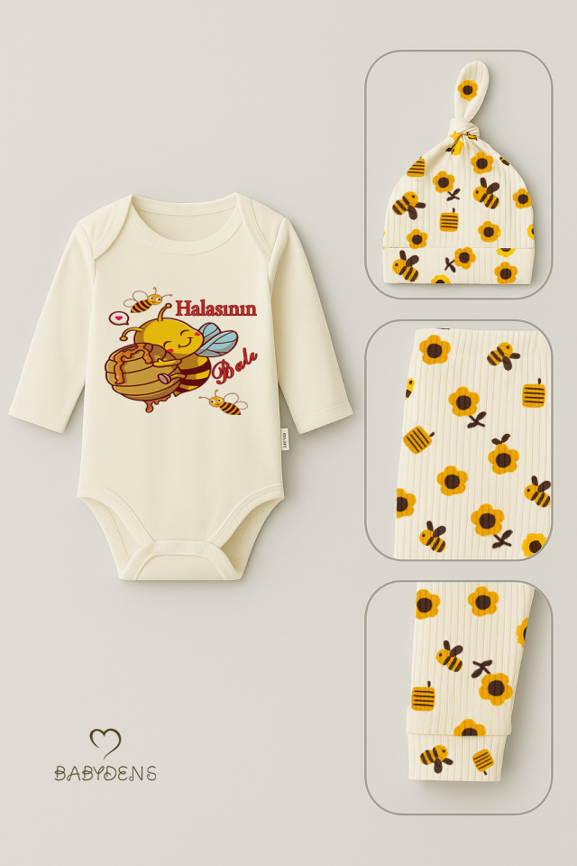 Halasının Balı 3’lü Yenidoğan Takım %100 Pamuk Uzun Kol Body,Çiçek Arı Desenli Ribana Pantolon,Bere