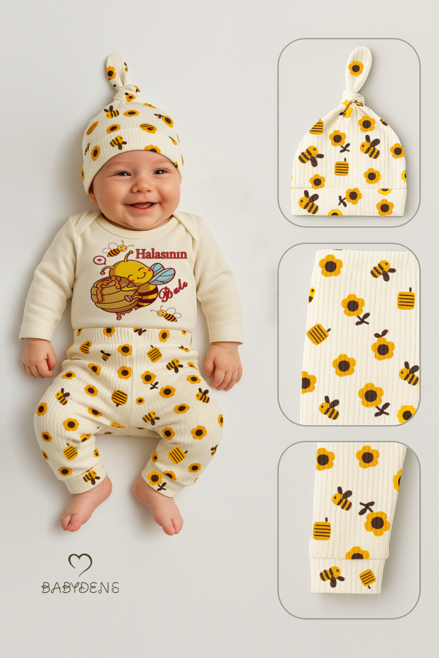 Halasının Balı 3’lü Yenidoğan Takım %100 Pamuk Uzun Kol Body,Çiçek Arı Desenli Ribana Pantolon,Bere