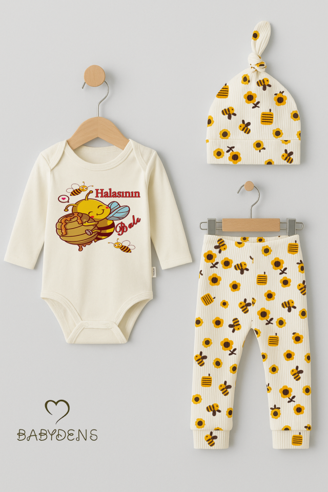 Halasının Balı 3’lü Yenidoğan Takım %100 Pamuk Uzun Kol Body,Çiçek Arı Desenli Ribana Pantolon,Bere
