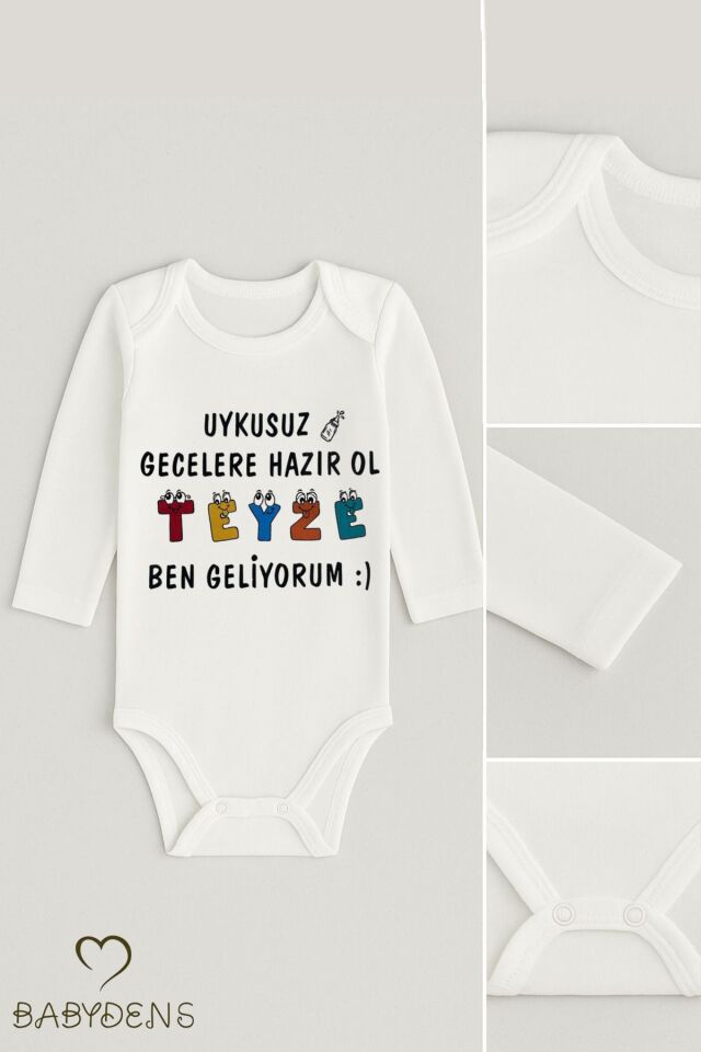 Uykusuz Gecelere Hazır Ol Teyze, Ben Geliyorum Yazılı Uzun Kollu Bebek Zıbını Pamuklu Body Çıtçıtlı 6-9 Ay