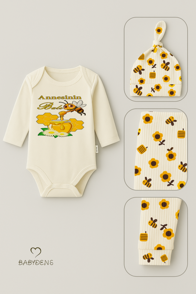 Annesinin Balı 3’lü Yenidoğan Takım %100 Pamuk Uzun Kol Body,Çiçek Arı Desenli Ribana Pantolon,Bere