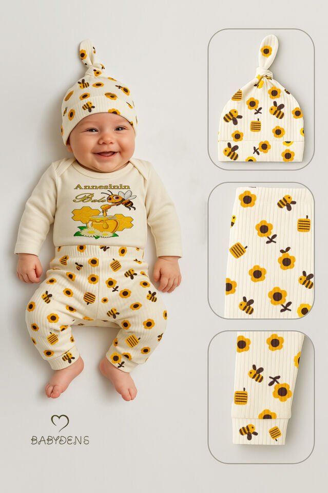 Annesinin Balı 3’lü Yenidoğan Takım %100 Pamuk Uzun Kol Body,Çiçek Arı Desenli Ribana Pantolon,Bere