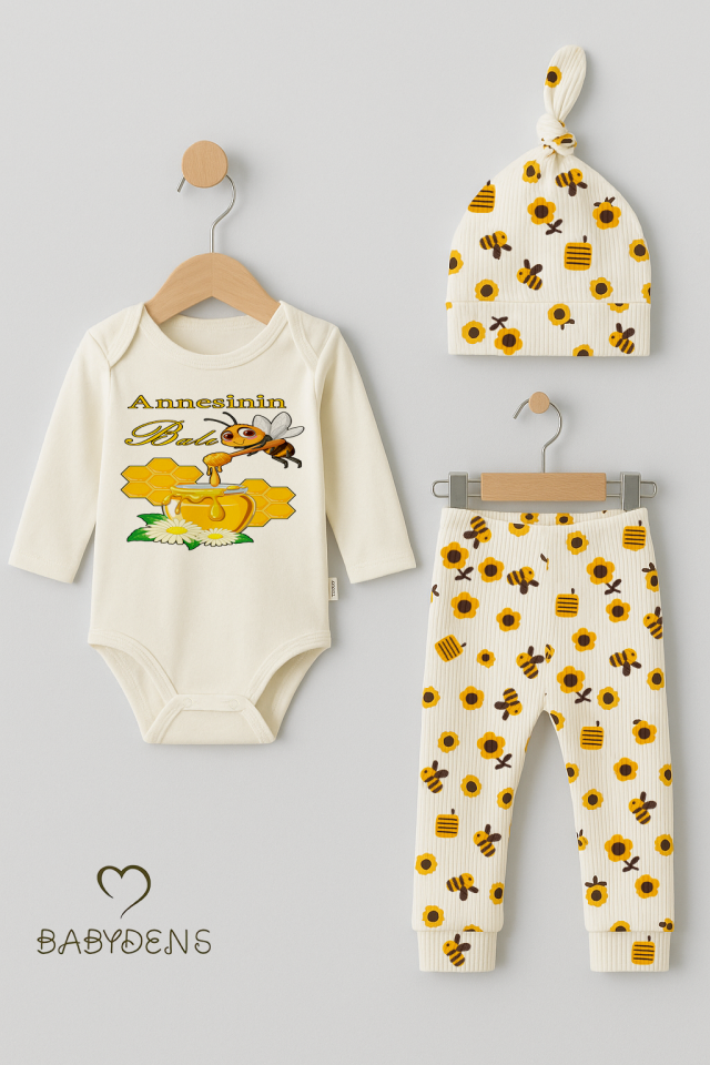Annesinin Balı 3’lü Yenidoğan Takım %100 Pamuk Uzun Kol Body,Çiçek Arı Desenli Ribana Pantolon,Bere