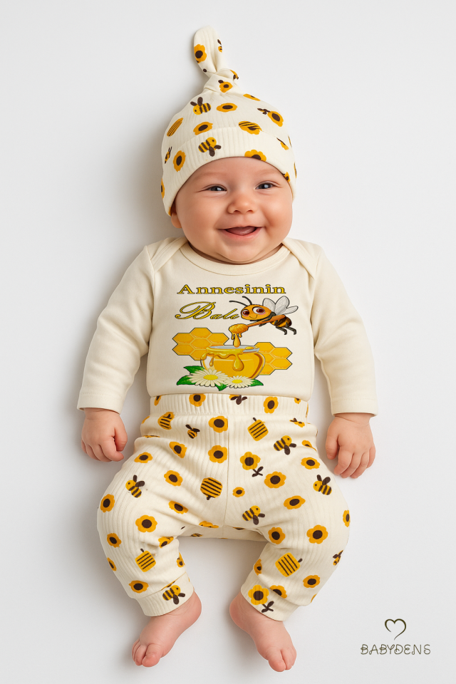 Annesinin Balı 3’lü Yenidoğan Takım %100 Pamuk Uzun Kol Body,Çiçek Arı Desenli Ribana Pantolon,Bere
