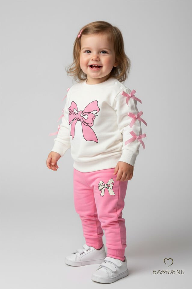 Fiyonklu Kız Bebek 2’li Eşofman Takımı Omuz Çıtçıtlı,Yan Kurdele Detaylı,%100Pamuk Mevsimlik Alt-Üst Pembe