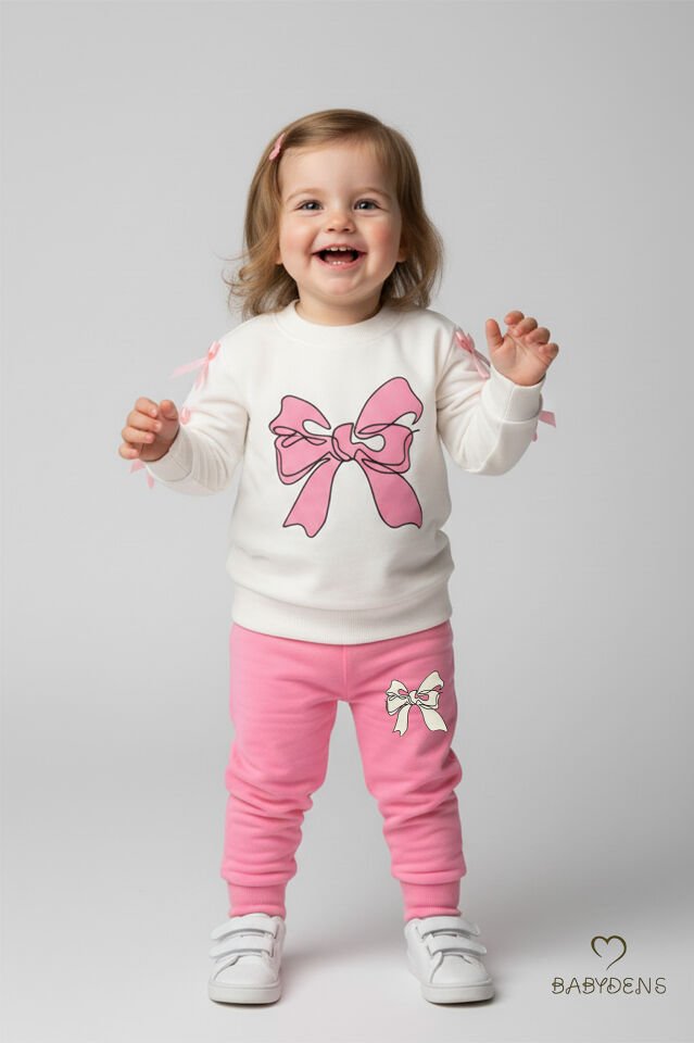 Fiyonklu Kız Bebek 2’li Eşofman Takımı Omuz Çıtçıtlı,Yan Kurdele Detaylı,%100Pamuk Mevsimlik Alt-Üst Pembe