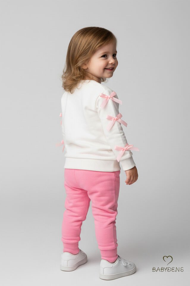 Fiyonklu Kız Bebek 2’li Eşofman Takımı Omuz Çıtçıtlı,Yan Kurdele Detaylı,%100Pamuk Mevsimlik Alt-Üst Pembe