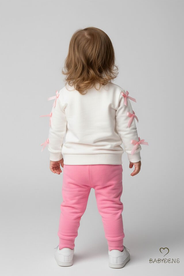 Fiyonklu Kız Bebek 2’li Eşofman Takımı Omuz Çıtçıtlı,Yan Kurdele Detaylı,%100Pamuk Mevsimlik Alt-Üst Pembe