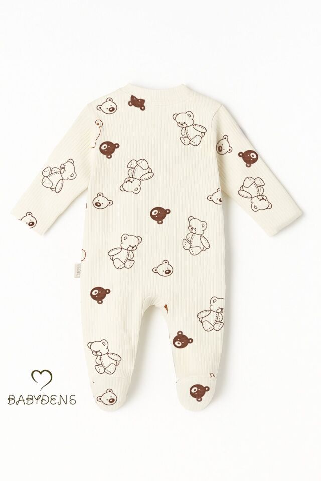 Ayıcık Desenli Ekru Çıtçıtlı Patikli Bebek Tulum Unisex Ribana Uyku Tulum Fitilli %100 Pamuklu