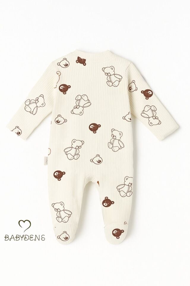 Ayıcık Desenli Ekru Çıtçıtlı Patikli Bebek Tulum Unisex Ribana Uyku Tulum Fitilli %100 Pamuklu