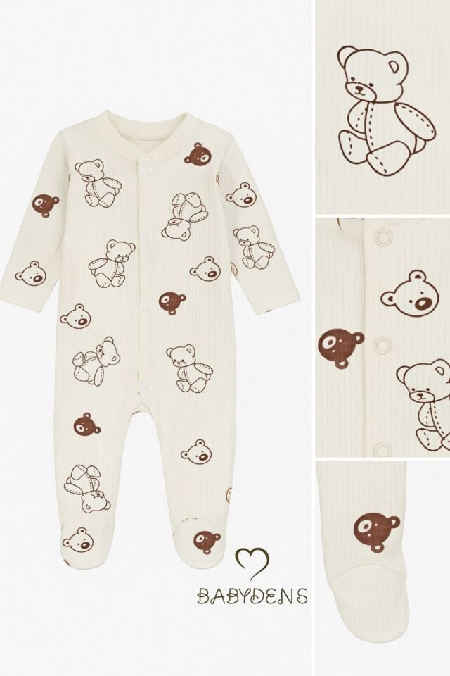 Ayıcık Desenli Ekru Çıtçıtlı Patikli Bebek Tulum Unisex Ribana Uyku Tulum Fitilli %100 Pamuklu