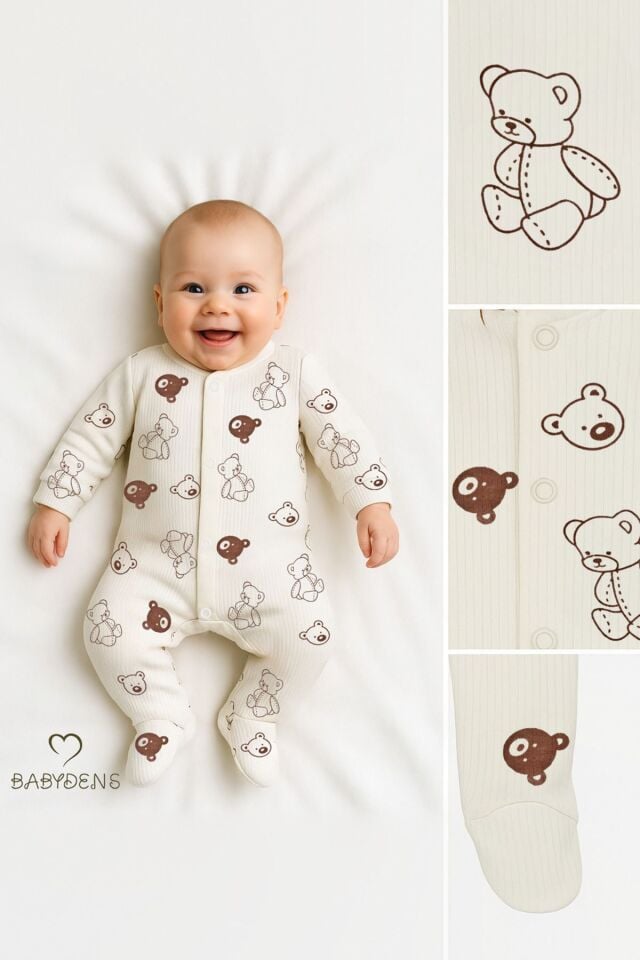 Ayıcık Desenli Ekru Çıtçıtlı Patikli Bebek Tulum Unisex Ribana Uyku Tulum Fitilli %100 Pamuklu