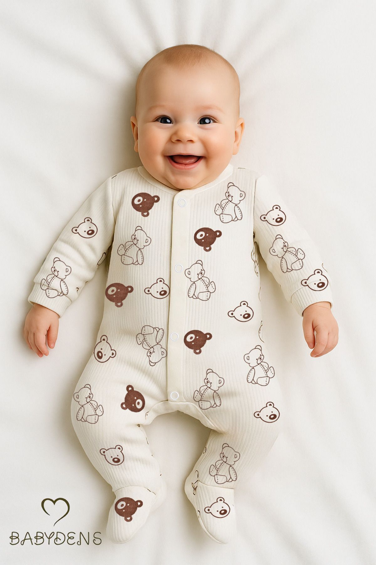 Ayıcık Desenli Ekru Çıtçıtlı Patikli Bebek Tulum Unisex Ribana Uyku Tulum Fitilli %100 Pamuklu