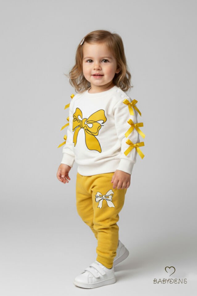 Fiyonklu Kız Bebek 2’li Eşofman Takımı Omuz Çıtçıtlı,Yan Kurdele Detaylı,%100Pamuk Mevsimlik Alt-Üst Sarı