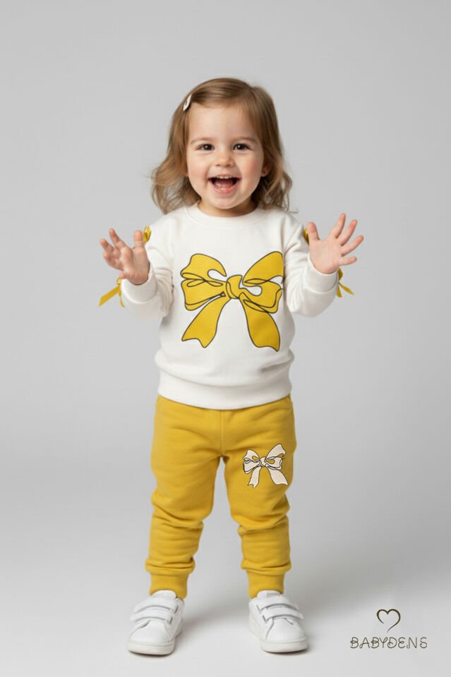 Fiyonklu Kız Bebek 2’li Eşofman Takımı Omuz Çıtçıtlı,Yan Kurdele Detaylı,%100Pamuk Mevsimlik Alt-Üst Sarı