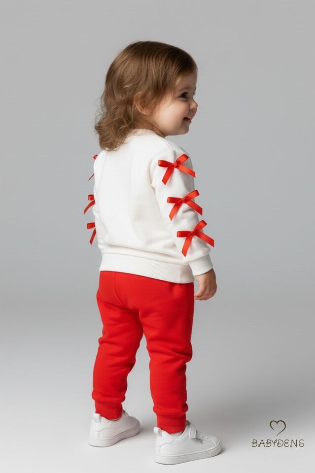 Fiyonklu Kız Bebek 2’li Eşofman Takımı Omuz Çıtçıtlı,Yan Kurdele Detaylı,%100Pamuk Mevsimlik Alt-Üst Kırmızı