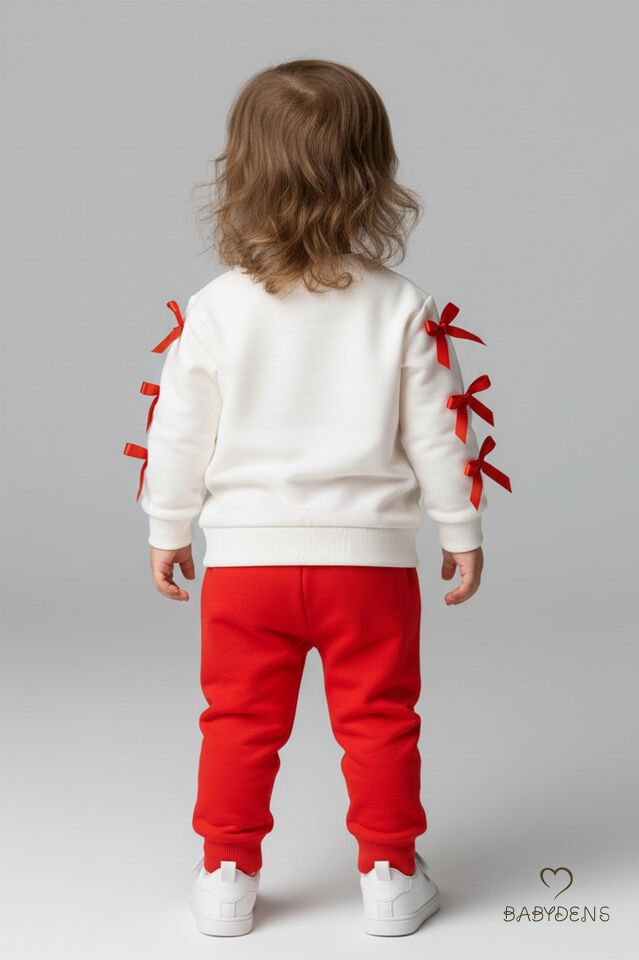 Fiyonklu Kız Bebek 2’li Eşofman Takımı Omuz Çıtçıtlı,Yan Kurdele Detaylı,%100Pamuk Mevsimlik Alt-Üst Kırmızı