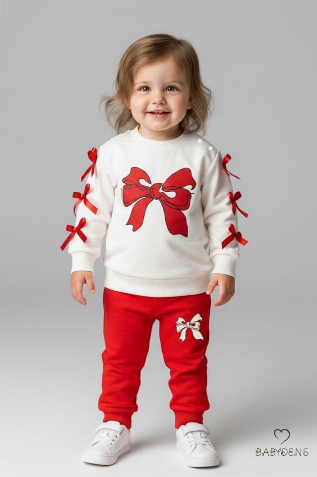 Fiyonklu Kız Bebek 2’li Eşofman Takımı Omuz Çıtçıtlı,Yan Kurdele Detaylı,%100Pamuk Mevsimlik Alt-Üst Kırmızı